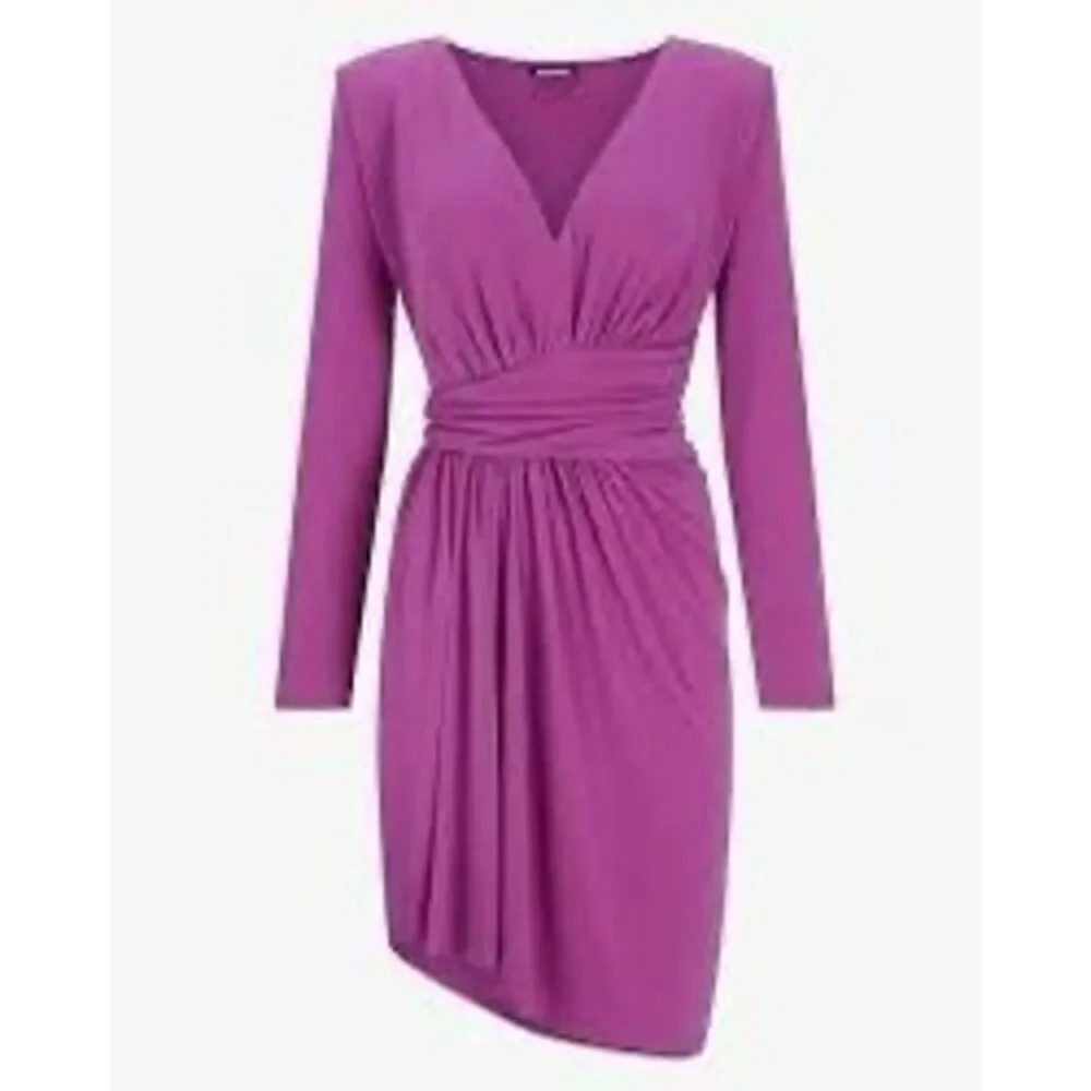 Express L Draped V-Neck Strong Shoulder Mini Dress Magenta Purple Asymmetrical - Picture 2 of 9